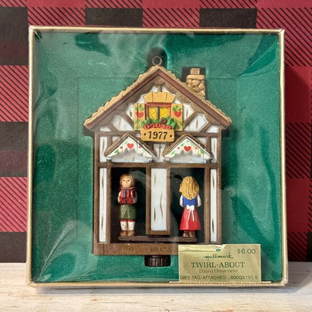 1977 Hallmark Twirl-About German Alpine Chalet Boy & Girl Christmas Ornament